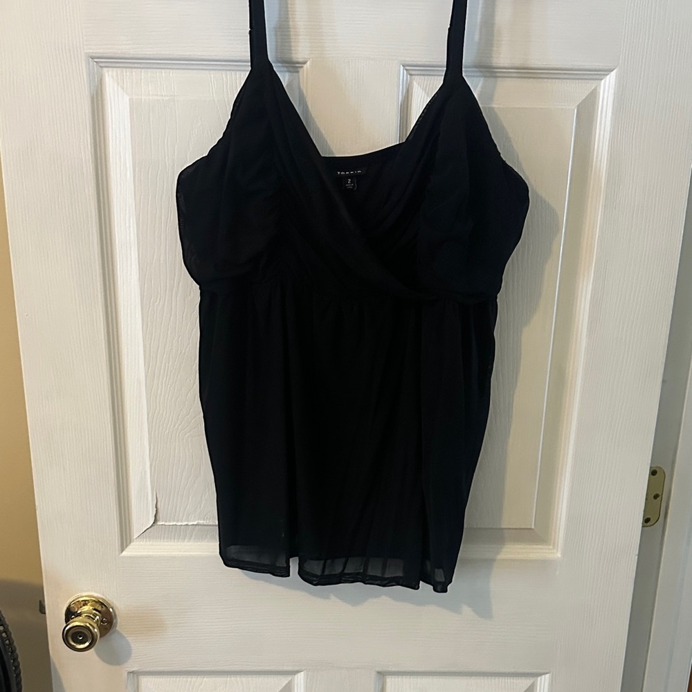 Torrid black mesh babydoll tank with ruched criss cross neckline